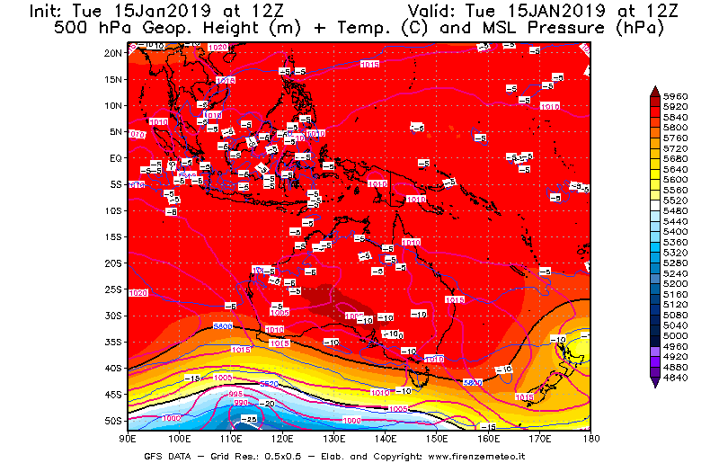 Mappa di analisi GFS - Geopotenziale [m] + Temp. [°C] a 500 hPa + Press. a livello del mare [hPa] in Oceania
							del 15/01/2019 12 <!--googleoff: index-->UTC<!--googleon: index-->