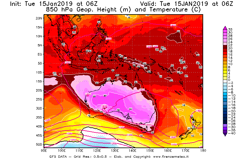 Mappa di analisi GFS - Geopotenziale [m] e Temperatura [°C] a 850 hPa in Oceania
							del 15/01/2019 06 <!--googleoff: index-->UTC<!--googleon: index-->