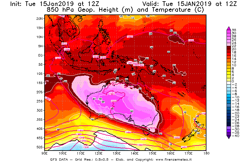 Mappa di analisi GFS - Geopotenziale [m] e Temperatura [°C] a 850 hPa in Oceania
							del 15/01/2019 12 <!--googleoff: index-->UTC<!--googleon: index-->