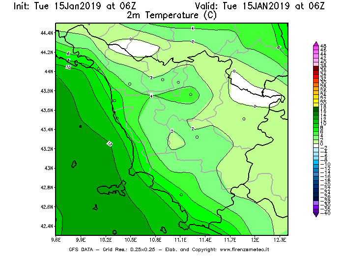 Mappa di analisi GFS - Temperatura a 2 metri dal suolo [°C] in Toscana
							del 15/01/2019 06 <!--googleoff: index-->UTC<!--googleon: index-->