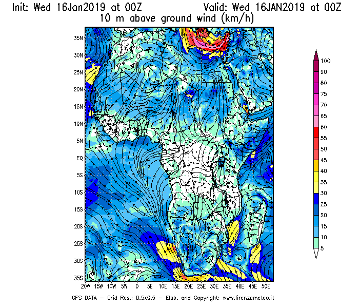 Mappa di analisi GFS - Velocità del vento a 10 metri dal suolo [km/h] in Africa
							del 16/01/2019 00 <!--googleoff: index-->UTC<!--googleon: index-->
