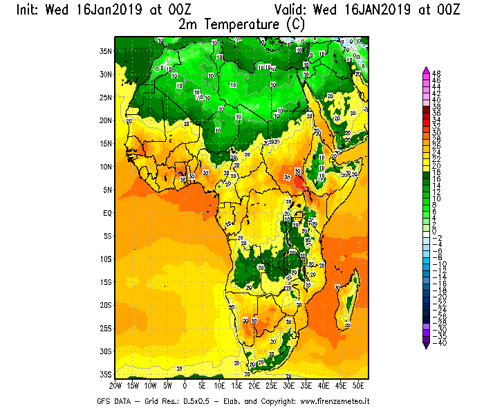 Mappa di analisi GFS - Temperatura a 2 metri dal suolo [°C] in Africa
							del 16/01/2019 00 <!--googleoff: index-->UTC<!--googleon: index-->