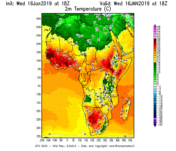 Mappa di analisi GFS - Temperatura a 2 metri dal suolo [°C] in Africa
							del 16/01/2019 18 <!--googleoff: index-->UTC<!--googleon: index-->