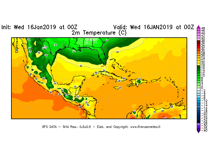 Mappa di analisi GFS - Temperatura a 2 metri dal suolo [°C] in Centro-America
							del 16/01/2019 00 <!--googleoff: index-->UTC<!--googleon: index-->
