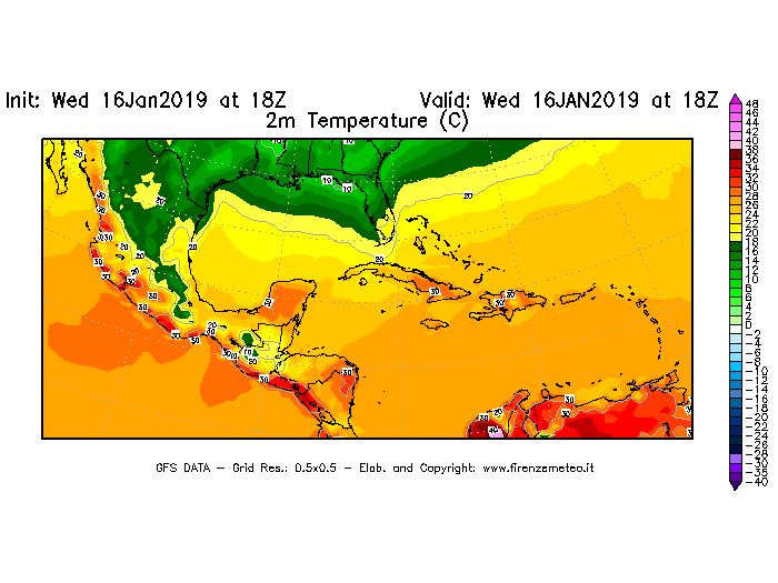 Mappa di analisi GFS - Temperatura a 2 metri dal suolo [°C] in Centro-America
							del 16/01/2019 18 <!--googleoff: index-->UTC<!--googleon: index-->