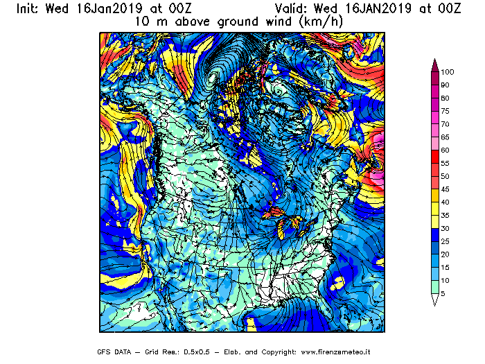 Mappa di analisi GFS - Velocità del vento a 10 metri dal suolo [km/h] in Nord-America
							del 16/01/2019 00 <!--googleoff: index-->UTC<!--googleon: index-->