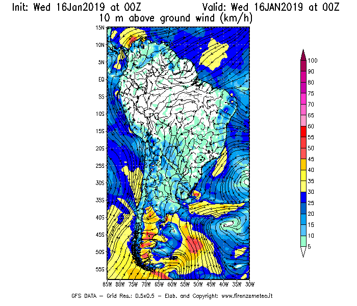 Mappa di analisi GFS - Velocità del vento a 10 metri dal suolo [km/h] in Sud-America
							del 16/01/2019 00 <!--googleoff: index-->UTC<!--googleon: index-->