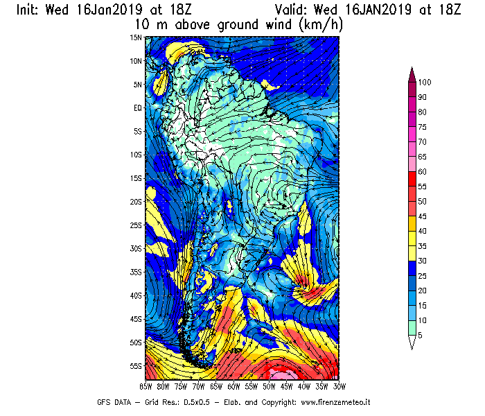 Mappa di analisi GFS - Velocità del vento a 10 metri dal suolo [km/h] in Sud-America
							del 16/01/2019 18 <!--googleoff: index-->UTC<!--googleon: index-->