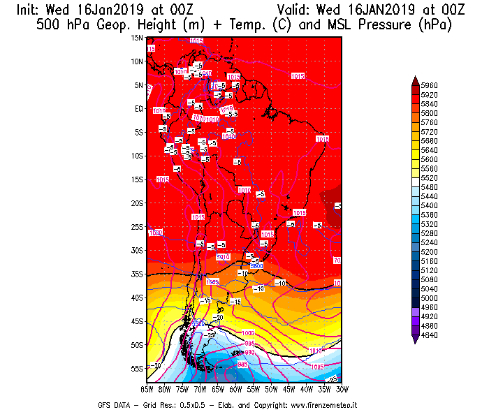 Mappa di analisi GFS - Geopotenziale [m] + Temp. [°C] a 500 hPa + Press. a livello del mare [hPa] in Sud-America
							del 16/01/2019 00 <!--googleoff: index-->UTC<!--googleon: index-->