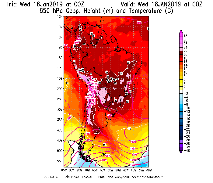 Mappa di analisi GFS - Geopotenziale [m] e Temperatura [°C] a 850 hPa in Sud-America
							del 16/01/2019 00 <!--googleoff: index-->UTC<!--googleon: index-->