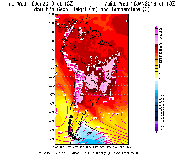 Mappa di analisi GFS - Geopotenziale [m] e Temperatura [°C] a 850 hPa in Sud-America
							del 16/01/2019 18 <!--googleoff: index-->UTC<!--googleon: index-->