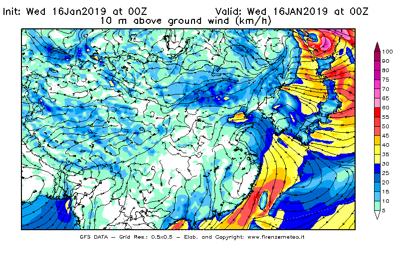 Mappa di analisi GFS - Velocità del vento a 10 metri dal suolo [km/h] in Asia Orientale
							del 16/01/2019 00 <!--googleoff: index-->UTC<!--googleon: index-->
