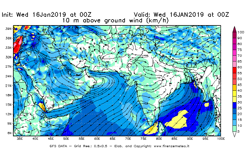 Mappa di analisi GFS - Velocità del vento a 10 metri dal suolo [km/h] in Asia Sud-Occidentale
							del 16/01/2019 00 <!--googleoff: index-->UTC<!--googleon: index-->
