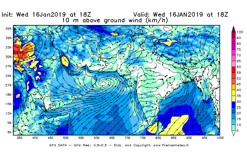 Mappa di analisi GFS - Velocità del vento a 10 metri dal suolo [km/h] in Asia Sud-Occidentale
							del 16/01/2019 18 <!--googleoff: index-->UTC<!--googleon: index-->