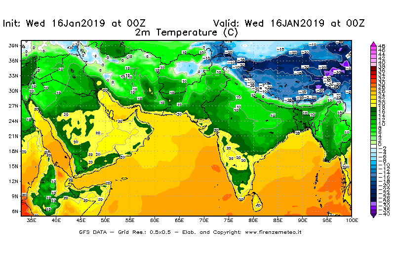 Mappa di analisi GFS - Temperatura a 2 metri dal suolo [°C] in Asia Sud-Occidentale
							del 16/01/2019 00 <!--googleoff: index-->UTC<!--googleon: index-->