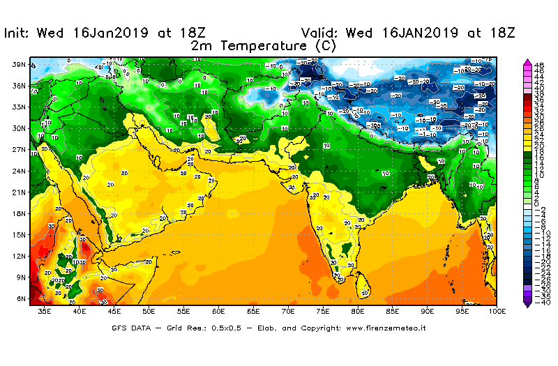 Mappa di analisi GFS - Temperatura a 2 metri dal suolo [°C] in Asia Sud-Occidentale
							del 16/01/2019 18 <!--googleoff: index-->UTC<!--googleon: index-->