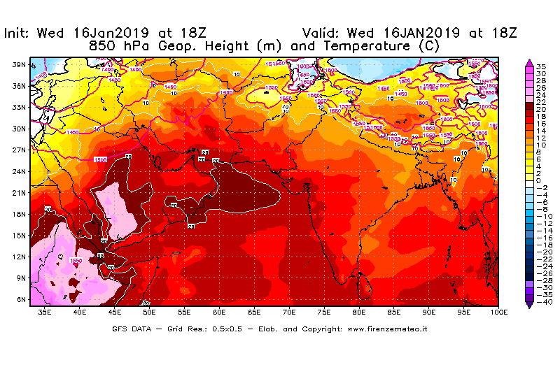 Mappa di analisi GFS - Geopotenziale [m] e Temperatura [°C] a 850 hPa in Asia Sud-Occidentale
							del 16/01/2019 18 <!--googleoff: index-->UTC<!--googleon: index-->