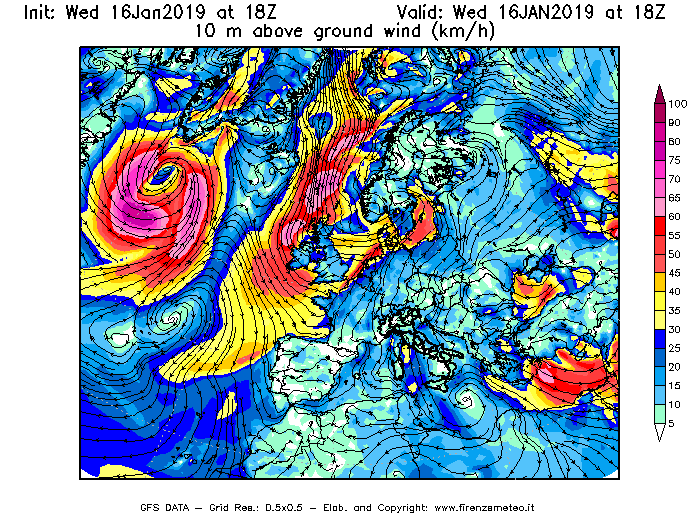 Mappa di analisi GFS - Velocità del vento a 10 metri dal suolo [km/h] in Europa
							del 16/01/2019 18 <!--googleoff: index-->UTC<!--googleon: index-->