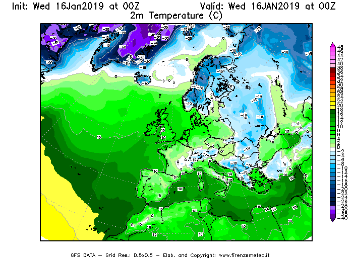 Mappa di analisi GFS - Temperatura a 2 metri dal suolo [°C] in Europa
							del 16/01/2019 00 <!--googleoff: index-->UTC<!--googleon: index-->
