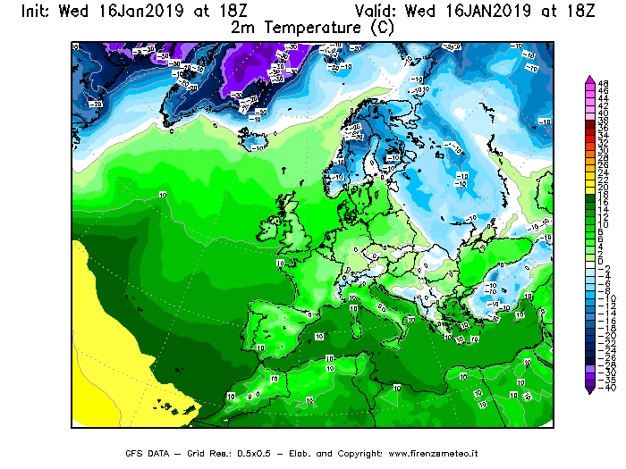Mappa di analisi GFS - Temperatura a 2 metri dal suolo [°C] in Europa
							del 16/01/2019 18 <!--googleoff: index-->UTC<!--googleon: index-->