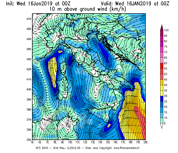 Mappa di analisi GFS - Velocità del vento a 10 metri dal suolo [km/h] in Italia
							del 16/01/2019 00 <!--googleoff: index-->UTC<!--googleon: index-->