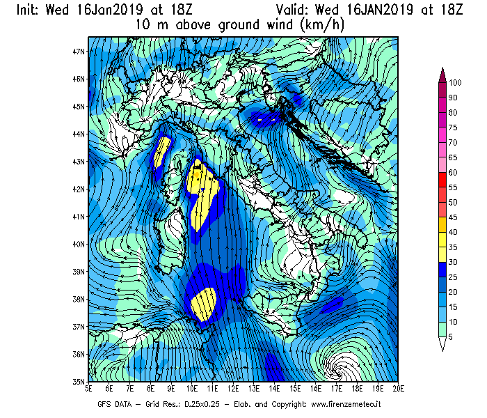 Mappa di analisi GFS - Velocità del vento a 10 metri dal suolo [km/h] in Italia
							del 16/01/2019 18 <!--googleoff: index-->UTC<!--googleon: index-->