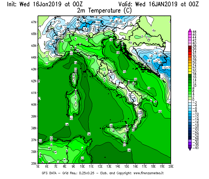 Mappa di analisi GFS - Temperatura a 2 metri dal suolo [°C] in Italia
							del 16/01/2019 00 <!--googleoff: index-->UTC<!--googleon: index-->