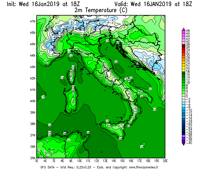 Mappa di analisi GFS - Temperatura a 2 metri dal suolo [°C] in Italia
							del 16/01/2019 18 <!--googleoff: index-->UTC<!--googleon: index-->