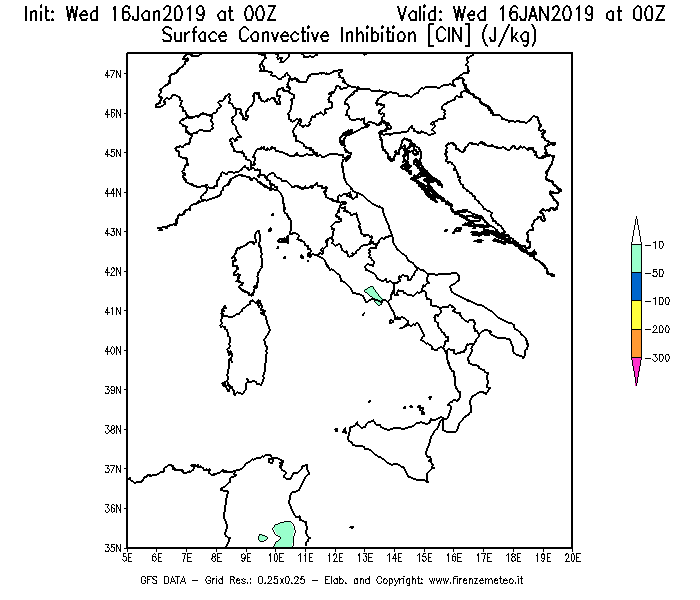 Mappa di analisi GFS - CIN [J/kg] in Italia
							del 16/01/2019 00 <!--googleoff: index-->UTC<!--googleon: index-->