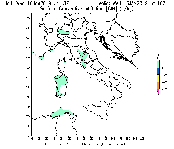 Mappa di analisi GFS - CIN [J/kg] in Italia
							del 16/01/2019 18 <!--googleoff: index-->UTC<!--googleon: index-->