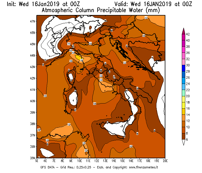 Mappa di analisi GFS - Precipitable Water [mm] in Italia
							del 16/01/2019 00 <!--googleoff: index-->UTC<!--googleon: index-->