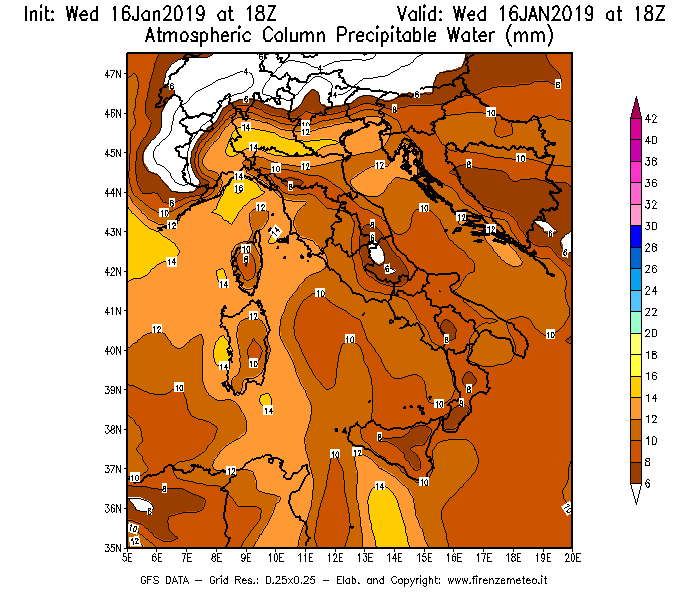 Mappa di analisi GFS - Precipitable Water [mm] in Italia
							del 16/01/2019 18 <!--googleoff: index-->UTC<!--googleon: index-->