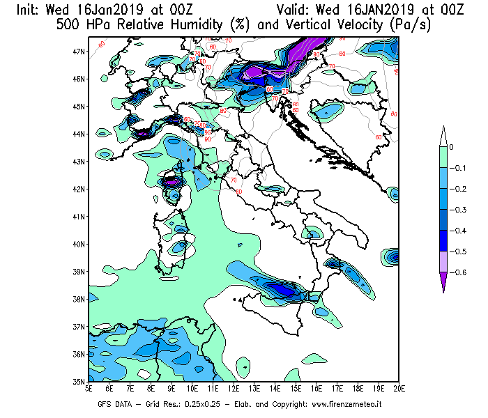 Mappa di analisi GFS - Umidità relativa [%] e Omega [Pa/s] a 500 hPa in Italia
							del 16/01/2019 00 <!--googleoff: index-->UTC<!--googleon: index-->