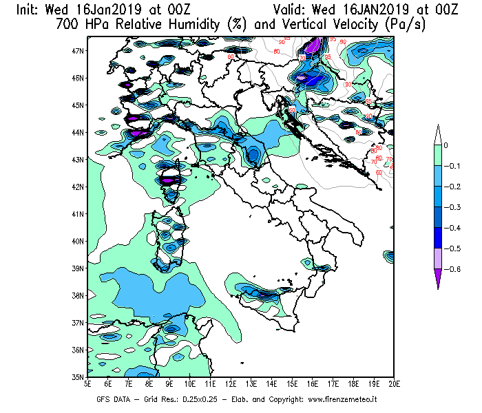 Mappa di analisi GFS - Umidità relativa [%] e Omega [Pa/s] a 700 hPa in Italia
							del 16/01/2019 00 <!--googleoff: index-->UTC<!--googleon: index-->