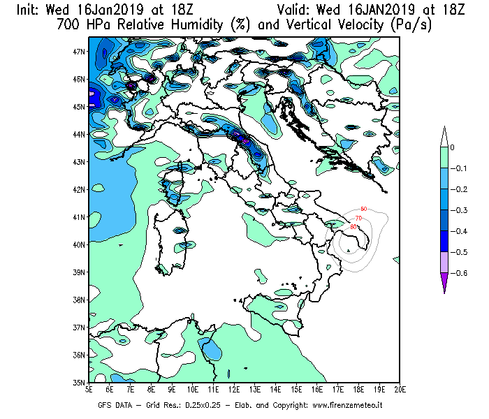 Mappa di analisi GFS - Umidità relativa [%] e Omega [Pa/s] a 700 hPa in Italia
							del 16/01/2019 18 <!--googleoff: index-->UTC<!--googleon: index-->