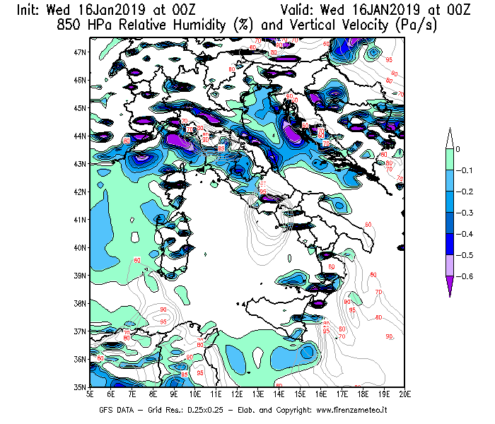 Mappa di analisi GFS - Umidità relativa [%] e Omega [Pa/s] a 850 hPa in Italia
							del 16/01/2019 00 <!--googleoff: index-->UTC<!--googleon: index-->