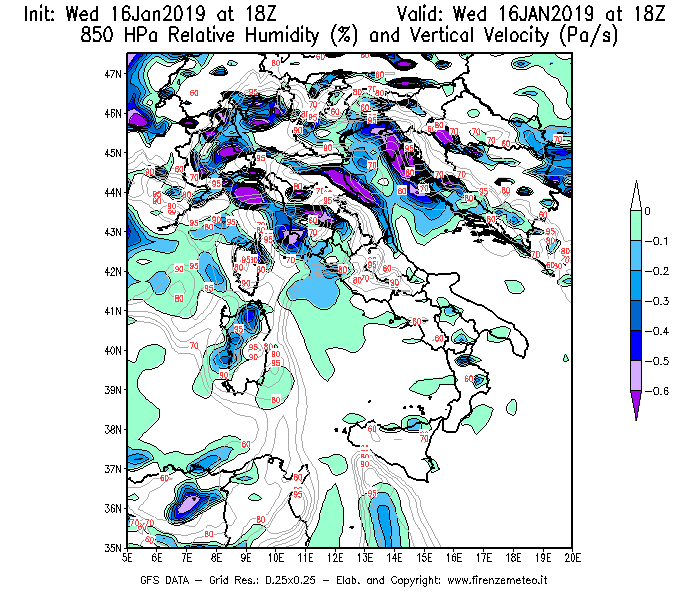 Mappa di analisi GFS - Umidità relativa [%] e Omega [Pa/s] a 850 hPa in Italia
							del 16/01/2019 18 <!--googleoff: index-->UTC<!--googleon: index-->
