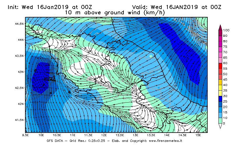 Mappa di analisi GFS - Velocità del vento a 10 metri dal suolo [km/h] in Centro-Italia
							del 16/01/2019 00 <!--googleoff: index-->UTC<!--googleon: index-->
