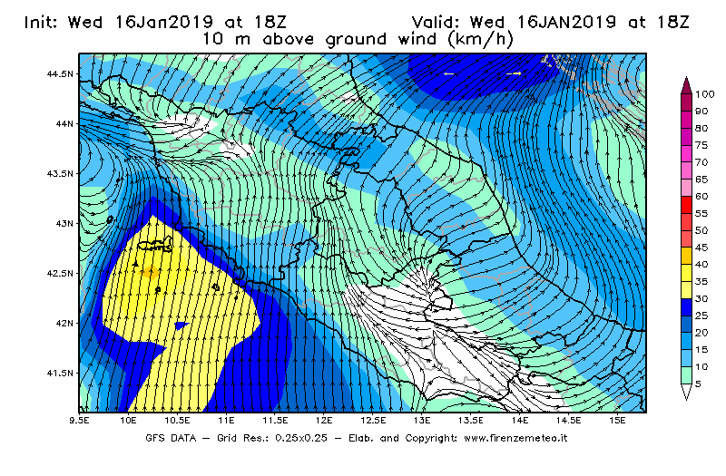 Mappa di analisi GFS - Velocità del vento a 10 metri dal suolo [km/h] in Centro-Italia
							del 16/01/2019 18 <!--googleoff: index-->UTC<!--googleon: index-->