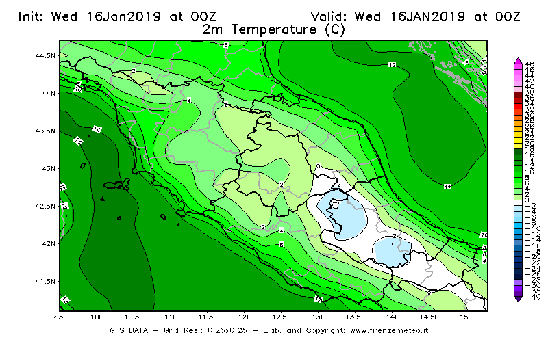 Mappa di analisi GFS - Temperatura a 2 metri dal suolo [°C] in Centro-Italia
							del 16/01/2019 00 <!--googleoff: index-->UTC<!--googleon: index-->