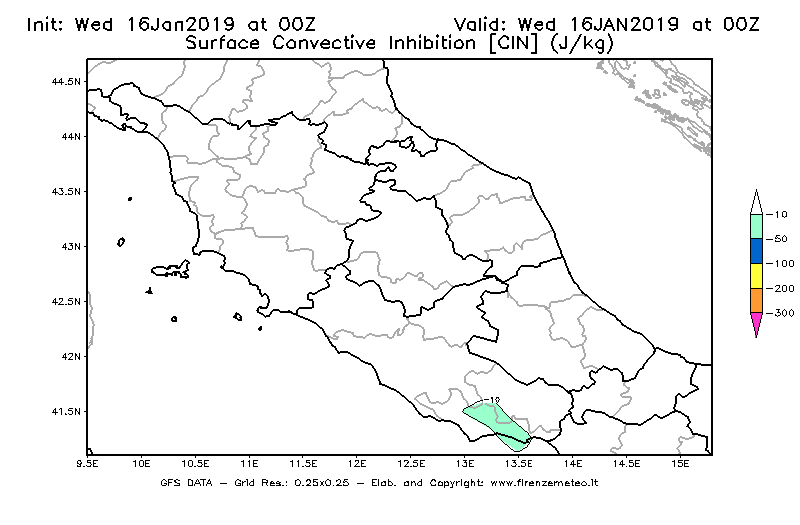 Mappa di analisi GFS - CIN [J/kg] in Centro-Italia
							del 16/01/2019 00 <!--googleoff: index-->UTC<!--googleon: index-->