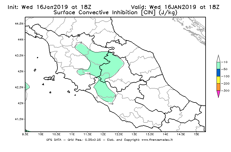 Mappa di analisi GFS - CIN [J/kg] in Centro-Italia
							del 16/01/2019 18 <!--googleoff: index-->UTC<!--googleon: index-->