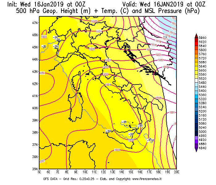 Mappa di analisi GFS - Geopotenziale [m] + Temp. [°C] a 500 hPa + Press. a livello del mare [hPa] in Italia
							del 16/01/2019 00 <!--googleoff: index-->UTC<!--googleon: index-->