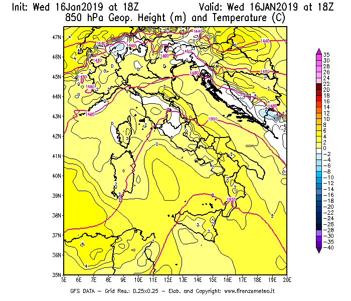 Mappa di analisi GFS - Geopotenziale [m] e Temperatura [°C] a 850 hPa in Italia
							del 16/01/2019 18 <!--googleoff: index-->UTC<!--googleon: index-->