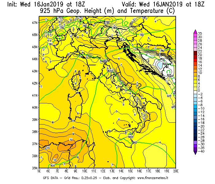 Mappa di analisi GFS - Geopotenziale [m] e Temperatura [°C] a 925 hPa in Italia
							del 16/01/2019 18 <!--googleoff: index-->UTC<!--googleon: index-->