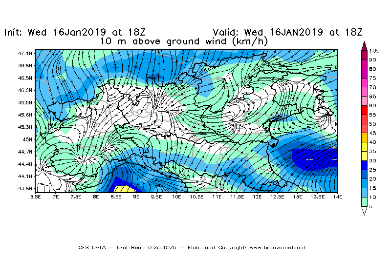 Mappa di analisi GFS - Velocità del vento a 10 metri dal suolo [km/h] in Nord-Italia
							del 16/01/2019 18 <!--googleoff: index-->UTC<!--googleon: index-->