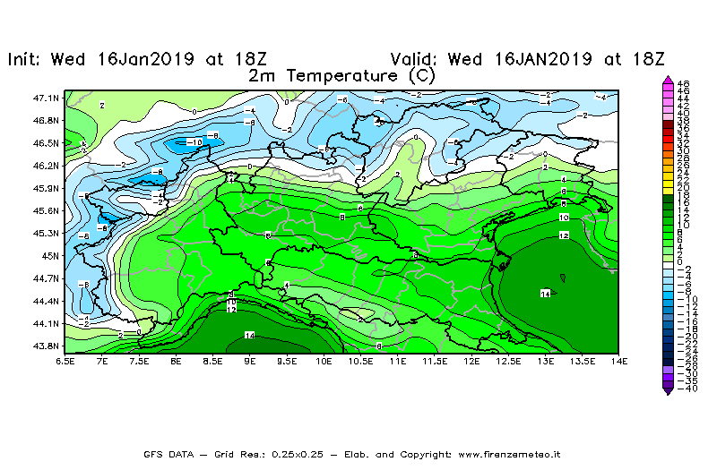 Mappa di analisi GFS - Temperatura a 2 metri dal suolo [°C] in Nord-Italia
							del 16/01/2019 18 <!--googleoff: index-->UTC<!--googleon: index-->