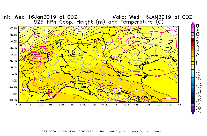 Mappa di analisi GFS - Geopotenziale [m] e Temperatura [°C] a 925 hPa in Nord-Italia
							del 16/01/2019 00 <!--googleoff: index-->UTC<!--googleon: index-->