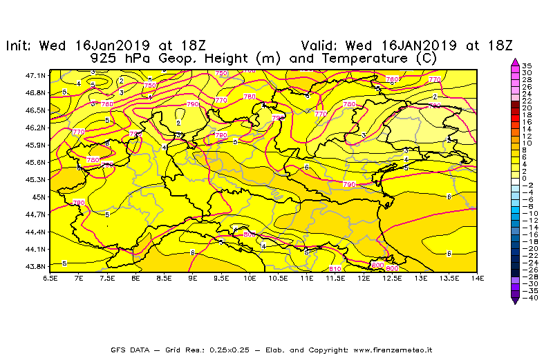 Mappa di analisi GFS - Geopotenziale [m] e Temperatura [°C] a 925 hPa in Nord-Italia
							del 16/01/2019 18 <!--googleoff: index-->UTC<!--googleon: index-->