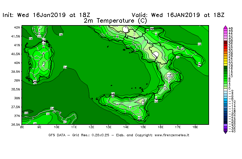 Mappa di analisi GFS - Temperatura a 2 metri dal suolo [°C] in Sud-Italia
							del 16/01/2019 18 <!--googleoff: index-->UTC<!--googleon: index-->